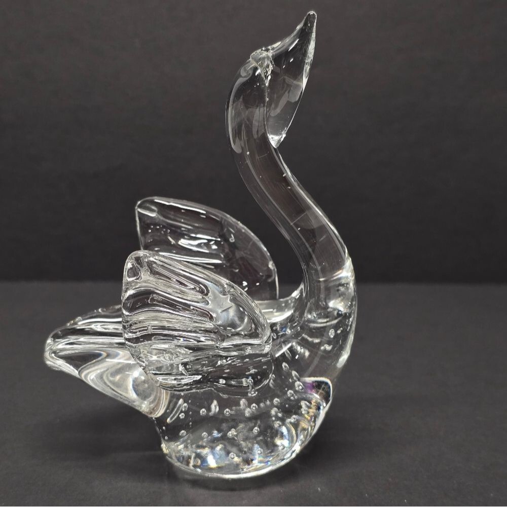 Vintage Hand Blown Bullicante Clear Art Glass Swan Figurine Paperweight